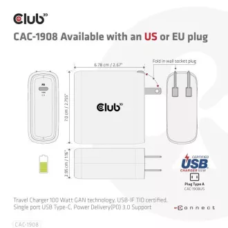 Club3D Potovalni polnilec 100 W s tehnologijo GAN, certifikat USB-IF TID, USB Type-C, podpora Power Delivery(PD) 3.0