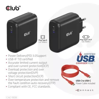 Club3D Potovalni polnilec 100 W s tehnologijo GAN, certifikat USB-IF TID, USB Type-C, podpora Power Delivery(PD) 3.0
