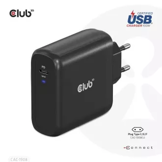Club3D Potovalni polnilec 100 W s tehnologijo GAN, certifikat USB-IF TID, USB Type-C, podpora Power Delivery(PD) 3.0