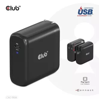 Club3D Potovalni polnilec 100 W s tehnologijo GAN, certifikat USB-IF TID, USB Type-C, podpora Power Delivery(PD) 3.0