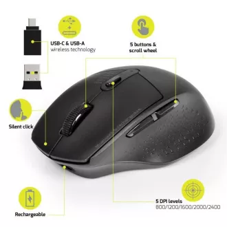 PORT polnilna miška z dvojno brezžično povezavo, BT, 2, 4 GHz, USB-A/C, črna