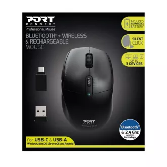 PORT polnilna miška z dvojno brezžično povezavo, BT, 2, 4 GHz, USB-A/C, črna