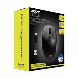 PORT polnilna miška z dvojno brezžično povezavo, BT, 2, 4 GHz, USB-A/C, črna