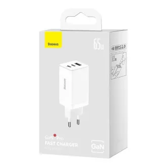 Baseus GaN5 Pro adapter za hitro polnjenje 2x USB-C   USB-A 65W bela