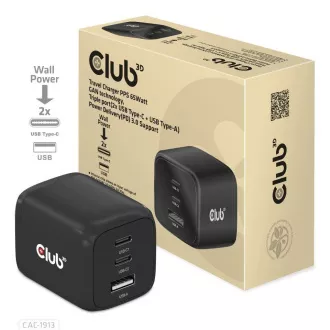 Club3D Potovalni polnilec 65 W, tehnologija GAN, 3 vrata (2xUSB-C   USB-A), PPS, podpora Power Delivery(PD) 3.0