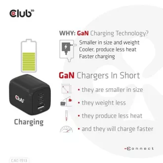 Club3D Potovalni polnilec 65 W, tehnologija GAN, 3 vrata (2xUSB-C   USB-A), PPS, podpora Power Delivery(PD) 3.0