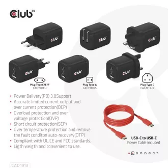 Club3D Potovalni polnilec 65 W, tehnologija GAN, 3 vrata (2xUSB-C   USB-A), PPS, podpora Power Delivery(PD) 3.0