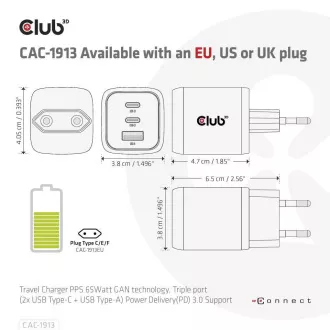 Club3D Potovalni polnilec 65 W, tehnologija GAN, 3 vrata (2xUSB-C   USB-A), PPS, podpora Power Delivery(PD) 3.0