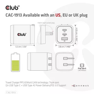Club3D Potovalni polnilec 65 W, tehnologija GAN, 3 vrata (2xUSB-C   USB-A), PPS, podpora Power Delivery(PD) 3.0