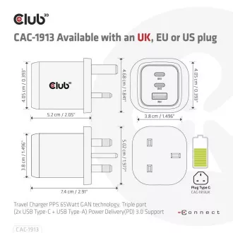 Club3D Potovalni polnilec 65 W, tehnologija GAN, 3 vrata (2xUSB-C   USB-A), PPS, podpora Power Delivery(PD) 3.0