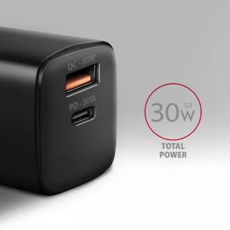 AXAGON ACU-PQ30, polnilec 30 W, 2x vrata (USB-A   USB-C), PD3.0/PPS/QC4 /SFC/AFC/Apple, črn