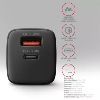 AXAGON ACU-PQ30, polnilec 30 W, 2x vrata (USB-A   USB-C), PD3.0/PPS/QC4 /SFC/AFC/Apple, črn
