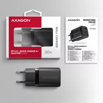 AXAGON ACU-PQ30, polnilec 30 W, 2x vrata (USB-A   USB-C), PD3.0/PPS/QC4 /SFC/AFC/Apple, črn