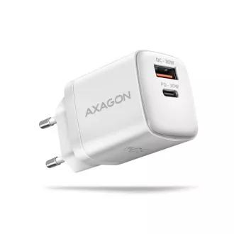 AXAGON ACU-PQ30W, polnilec 30 W, 2x vrata (USB-A   USB-C), PD3.0/PPS/QC4 /SFC/AFC/Apple, bel