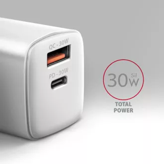 AXAGON ACU-PQ30W, polnilec 30 W, 2x vrata (USB-A   USB-C), PD3.0/PPS/QC4 /SFC/AFC/Apple, bel