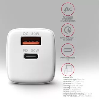 AXAGON ACU-PQ30W, polnilec 30 W, 2x vrata (USB-A   USB-C), PD3.0/PPS/QC4 /SFC/AFC/Apple, bel