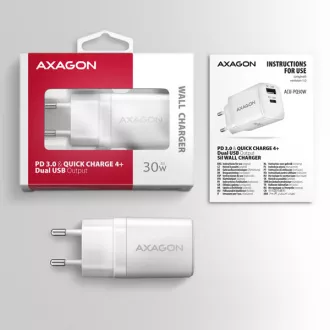 AXAGON ACU-PQ30W, polnilec 30 W, 2x vrata (USB-A   USB-C), PD3.0/PPS/QC4 /SFC/AFC/Apple, bel