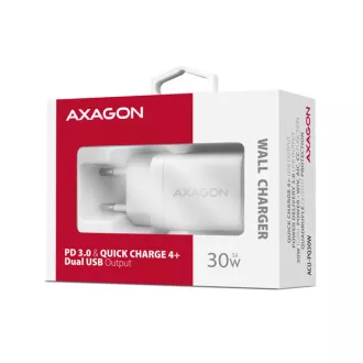 AXAGON ACU-PQ30W, polnilec 30 W, 2x vrata (USB-A   USB-C), PD3.0/PPS/QC4 /SFC/AFC/Apple, bel