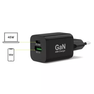 PORT omrežni polnilnik za USB-C in USB-A, 45 W, črn