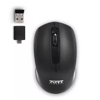 PORT brezžična miška Brezžična pisarniška, USB-A/USB-C, 2, 4Ghz, 1000DPI, črna