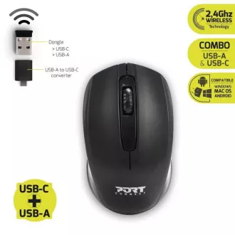 PORT brezžična miška Brezžična pisarniška, USB-A/USB-C, 2, 4Ghz, 1000DPI, črna