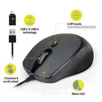 PORT optična miška SILENT, USB-A/USB-C, 3600 DPI, črna