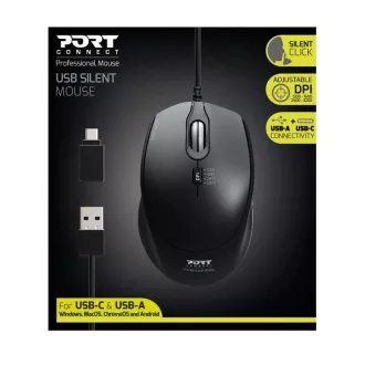 PORT optična miška SILENT, USB-A/USB-C, 3600 DPI, črna
