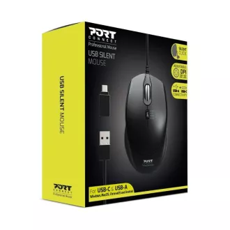 PORT optična miška SILENT, USB-A/USB-C, 3600 DPI, črna