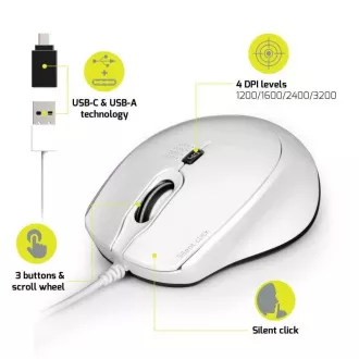 PORT optična miška SILENT, USB-A/USB-C, 3600 DPI, bela