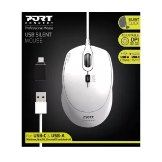 PORT optična miška SILENT, USB-A/USB-C, 3600 DPI, bela