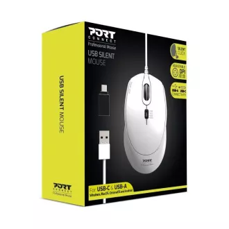 PORT optična miška SILENT, USB-A/USB-C, 3600 DPI, bela