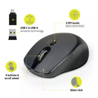 PORT brezžična miška SILENT, USB-A/USB-C, 2, 4Ghz, 1600DPI, črna