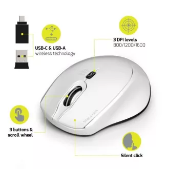 PORT brezžična miška SILENT, USB-A/USB-C, 2, 4Ghz, 1600DPI, bela
