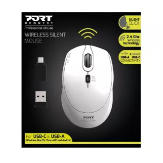 PORT brezžična miška SILENT, USB-A/USB-C, 2, 4Ghz, 1600DPI, bela