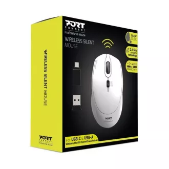PORT brezžična miška SILENT, USB-A/USB-C, 2, 4Ghz, 1600DPI, bela