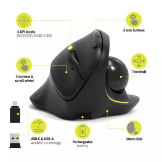 PORT brezžična ergonomska miška ERGONOMIC TRACKBALL, 2, 4 Ghz in Bluetooth, USB-A/C, črna