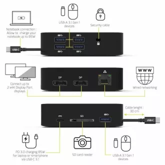 Priključna postaja PORT USB-C 10v1, 2x4K Display Port, 5x USB-A, USB-C 85W PD, Ethernet, SD
