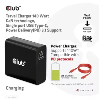 Club3D Potovalni polnilec USB-C 140W, tehnologija GaN, 1xUSB-C, podpora PD 3.1