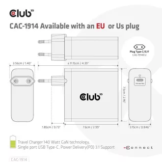 Club3D Potovalni polnilec USB-C 140W, tehnologija GaN, 1xUSB-C, podpora PD 3.1