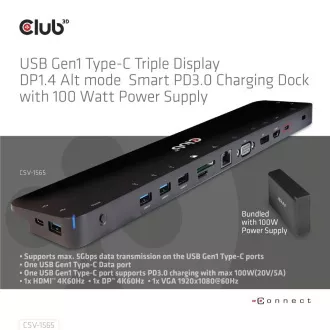 Club3D Priključna postaja USB-C 14v1, 1xDP, 1xHDMI, 1xVGA, 2xUSB-C, 5xUSB, 1xRJ45, 1x3,5 mm, siva