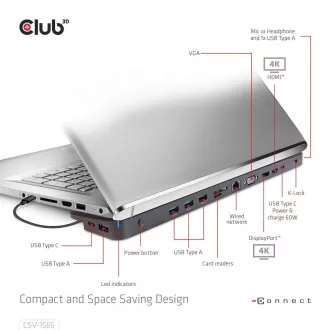 Club3D Priključna postaja USB-C 14v1, 1xDP, 1xHDMI, 1xVGA, 2xUSB-C, 5xUSB, 1xRJ45, 1x3,5 mm, siva