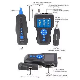 Tester LAN kablov TLCD8601S z LCD zaslonom, koaksialni kabel, Cat3/Cat5E/Cat6/Cat7, UTP/STP, USB, PoE, ping, sonda, preprečevanje zanke