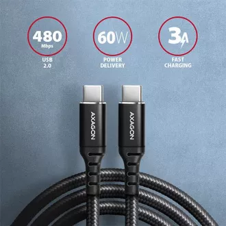 AXAGON BUCM-CM15AB, HQ kabel USB-C <-> USB-C, 1,5 m, USB 2.0, PD 60W 3A, ALU, oplet, črn
