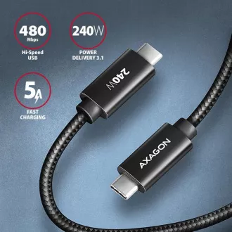 AXAGON BUCM2-CM10AB, CHARGE kabel USB-C <-> USB-C, 1 m, Hi-Speed USB, PD 240W 5A, ALU, oplet, črn