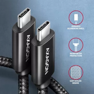 AXAGON BUCM2-CM15AB, kabel CHARGE USB-C <-> USB-C, 1,5 m, Hi-Speed USB, PD 240W 5A, ALU, oplet, črn