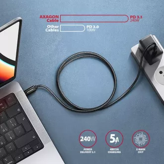 AXAGON BUCM2-CM15AB, kabel CHARGE USB-C <-> USB-C, 1,5 m, Hi-Speed USB, PD 240W 5A, ALU, oplet, črn