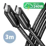 AXAGON BUCM2-CM30AB, CHARGE kabel USB-C <-> USB-C, 3 m, Hi-Speed USB, PD 240W 5A, ALU, oplet, črn