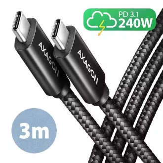 AXAGON BUCM2-CM30AB, CHARGE kabel USB-C <-> USB-C, 3 m, Hi-Speed USB, PD 240W 5A, ALU, oplet, črn