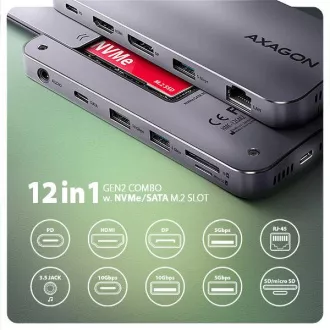 AXAGON HMC-12GM2, vozlišče USB 10Gb/s, 3x USB-A, USB-C, HDMI, DP, RJ-45 GLAN, M.2, SD/mSD, avdio, PD 100W, kabel USB-C 50cm AXAGON HMC-12GM2, vozlišče USB 10Gb/s, 3x USB-A, USB-C, HDMI, DP, RJ-45 GLAN, M.2, SD/mSD, avdio, PD 100W, kabel USB-C 50cm