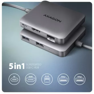 AXAGON HMC-5HL USB 5Gbps vozlišče, 2x USB-A, HDMI 4k/60Hz, RJ-45 GLAN, PD 100W, kabel USB-C 20cm
